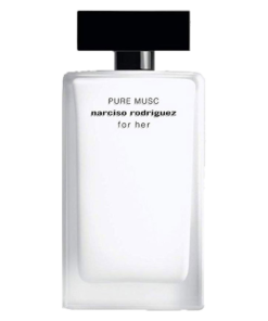 Flacone di profumo Narciso Rodriguez Pure Musc for Her con etichetta nera su sfondo bianco.