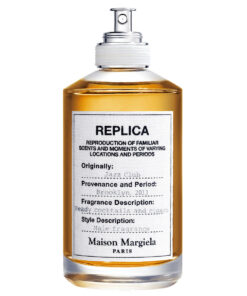 Flacone di profumo Maison Margiela REPLICA Jazz Club Eau de Toilette da 100 ml con etichetta informativa.