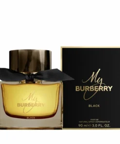 Flacone in vetro ambrato scuro My Burberry Black da 90ml con fiocco in gabardine nero
