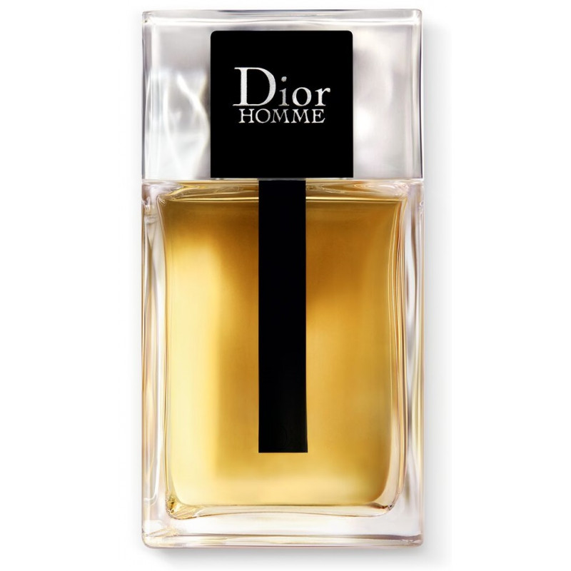 Elegante flacone squadrato trasparente Dior Homme da 100ml con scritte nere essenziali