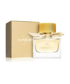 Elegante flacone in vetro dorato My Burberry da 90ml con fiocco in gabardine e tappo effetto corno