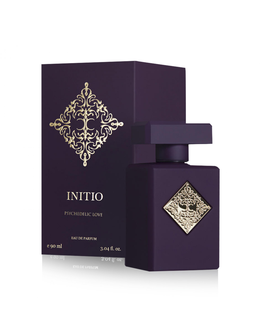 Iconico flacone viola scuro Initio Psychedelic Love da 90ml con stemma dorato