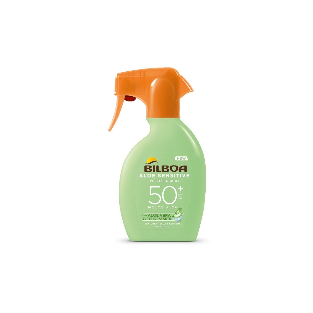 Flacone spray bianco e verde Bilboa Aloe Sensitive SPF 50+ da 250ml per pelli delicate