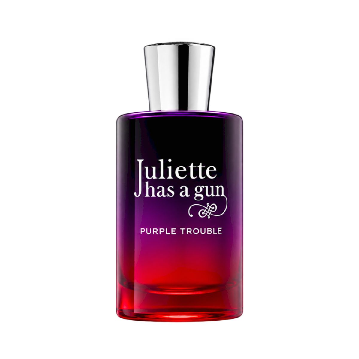 Flacone di profumo Juliette Has A Gun Purple Trouble Eau De Parfum 100ml flacone viola sfumato con dettagli e scritta metallizzati