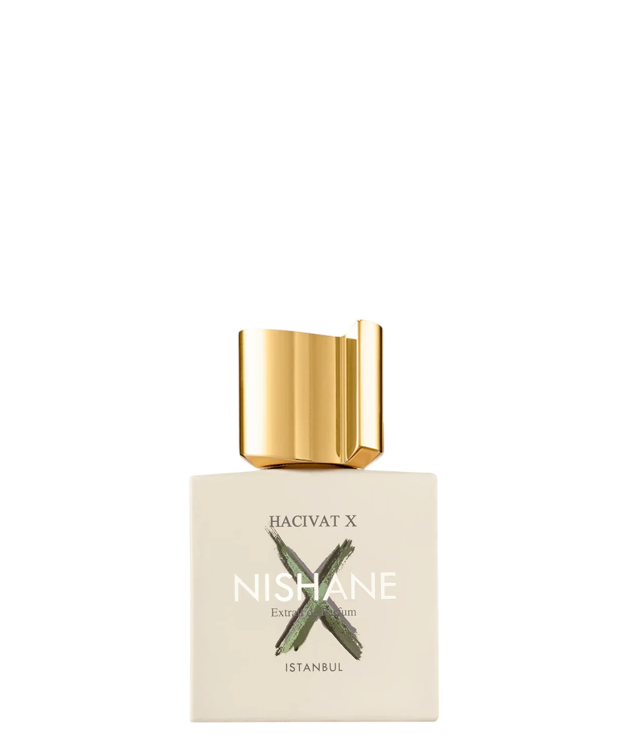Flacone di profumo Nishane Hacivat X Extrait de Parfum 100ml flacone bianco e oro con tappo dorato